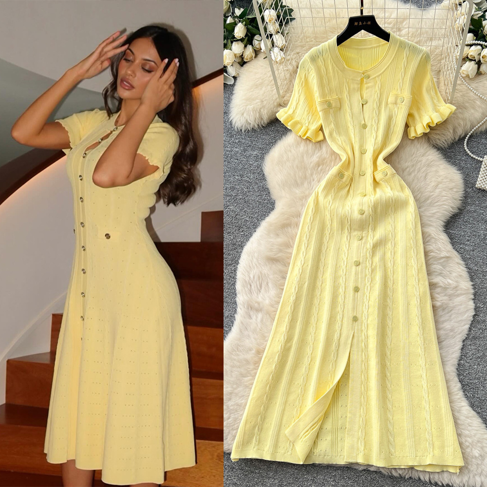 Women's Clothing Elegant Knit Tweed Dress With Front Buttons And Short Sleeves For Women_ecoleips.com