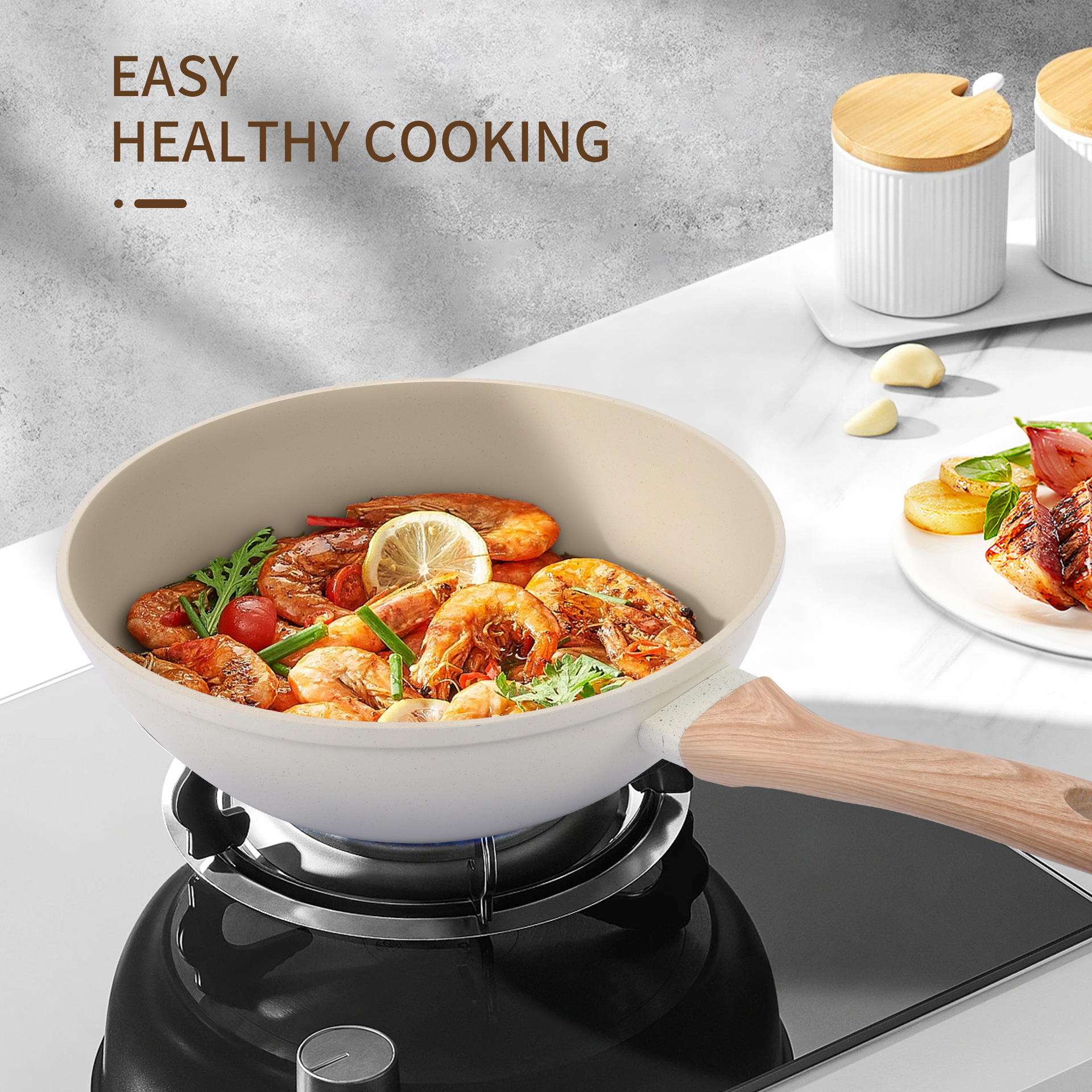 Comercio exterior transfronterizo Set pot granito piedra médica juego de 12 piezas blanco antiadherente juego de olla wok wok wok olla de sopa