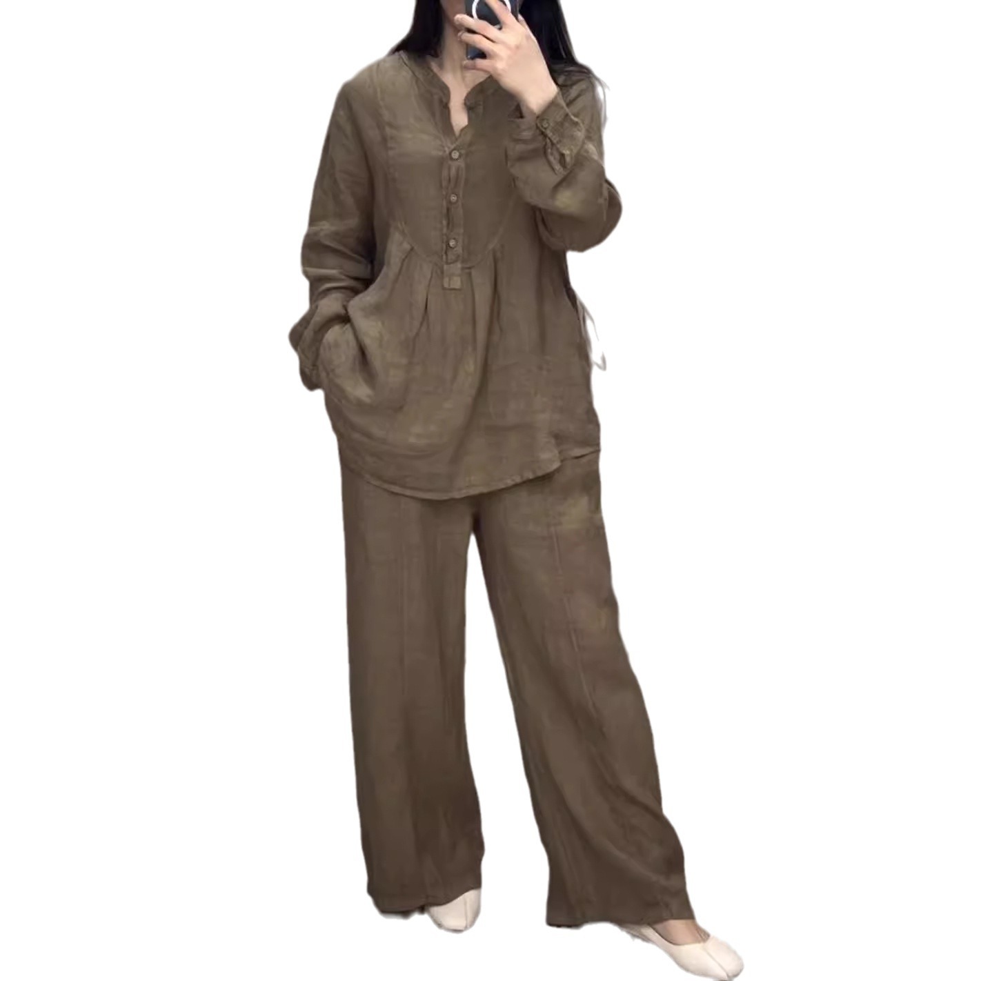 Women's Clothing Fashionable And Comfortable Women's Cotton Linen Suit Long Sleeved Half Open Casual Pleated Wide Leg Pants Autumn_ecoleips.com