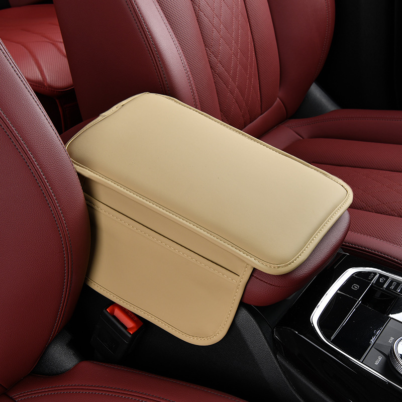 Universal – Universal Car Armrest box pad - plain-single-layer-pocket-style-beige
