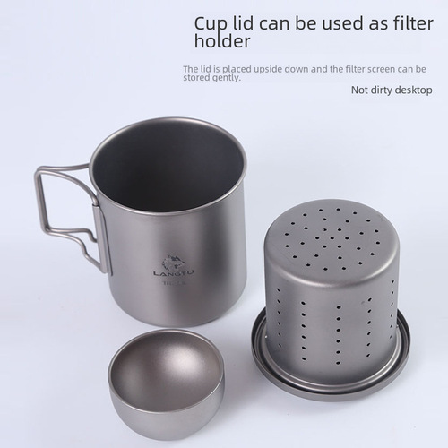 Portable pure titanium Gongfu tea set for outdoor travel, brewing cup with foldable handle and filter, camping set