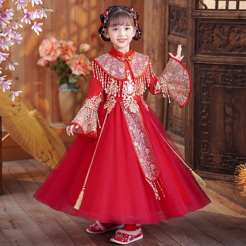 Children red fairy hanfu velvet skirt antique little girl princess skirts Tang Suit Qipao girl happy New Year New Year winter red