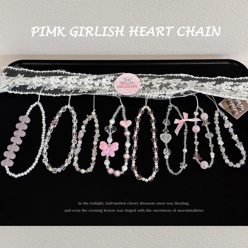 Pink Beaded Pearl Wrist Lanyard Decoration Camera Bag Pendant Pendant Crystal Versatile Mobile Phone Chain Female Sweet