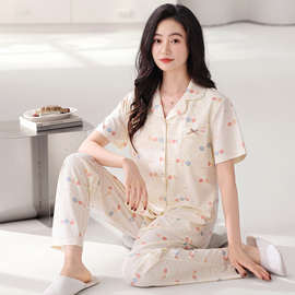 带胸垫睡衣女士纯棉简约薄款短袖长裤开衫家居服套装春夏季可外穿