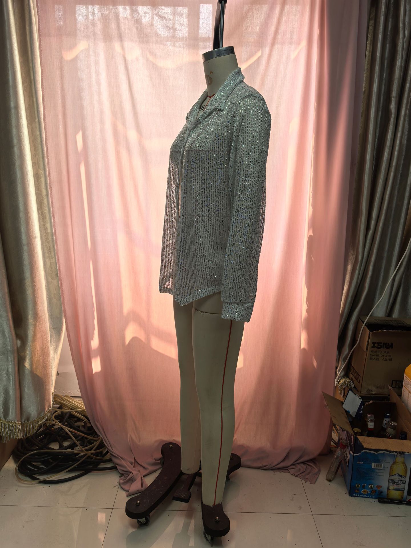 2025 Spring Summer New Sequin Top Turn-down Collar Long Sleeve Cardigan Basic Women's Shirt Jacket_voghion.com