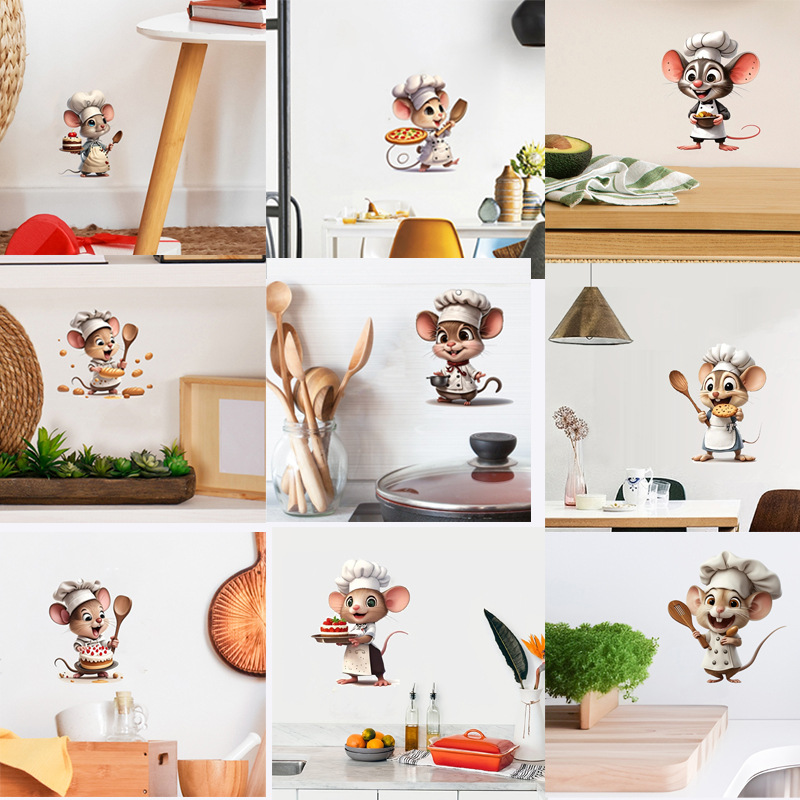 A variety of cartoon cute little mouse chef pizza home background wall stickers living room kitchen bedroom wall decoration