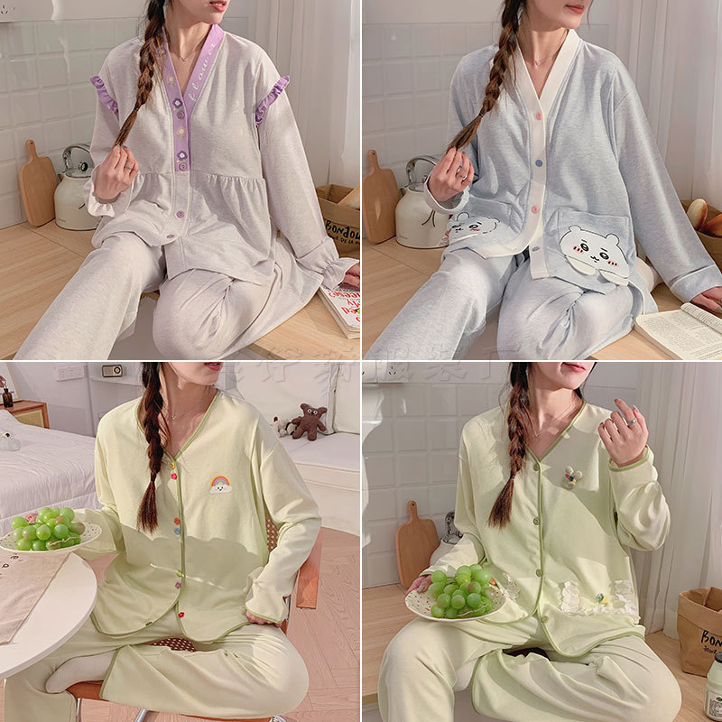 Pure Cotton Moon Clothing Spring and Autumn Maternal Postpartum Breast-feeding Pajamas for Delivery Summer Thin Fashionable Korean Style suit