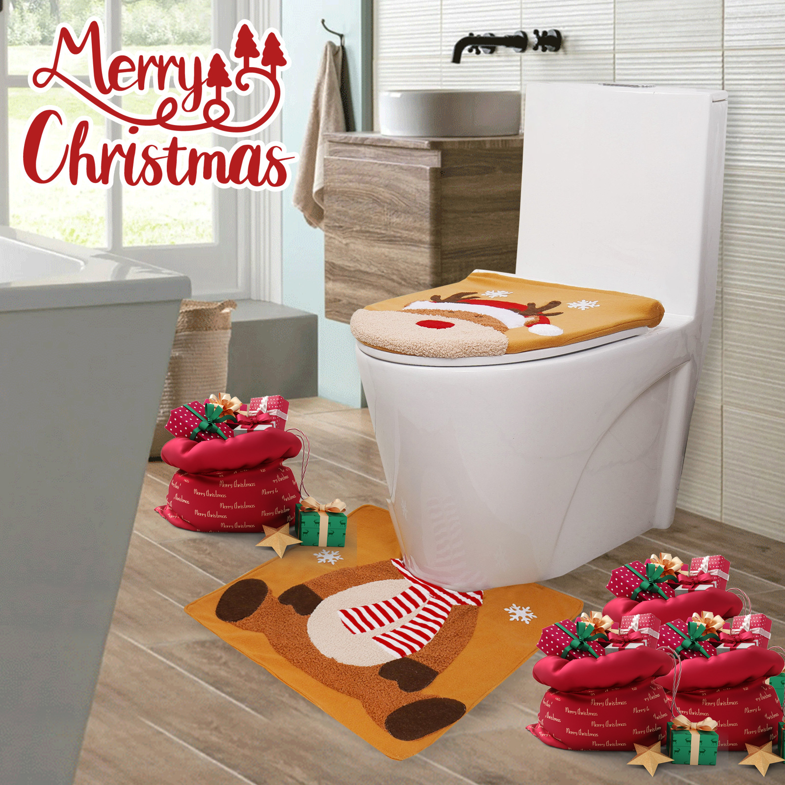 Transfronterizo nueva Navidad decoración cubierta de inodoro alces baño Baño suministros conjunto de dos piezas