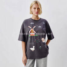 100%纯棉短袖t恤洋气个性卡通可爱甜美趣味田园印花外穿显瘦上衣