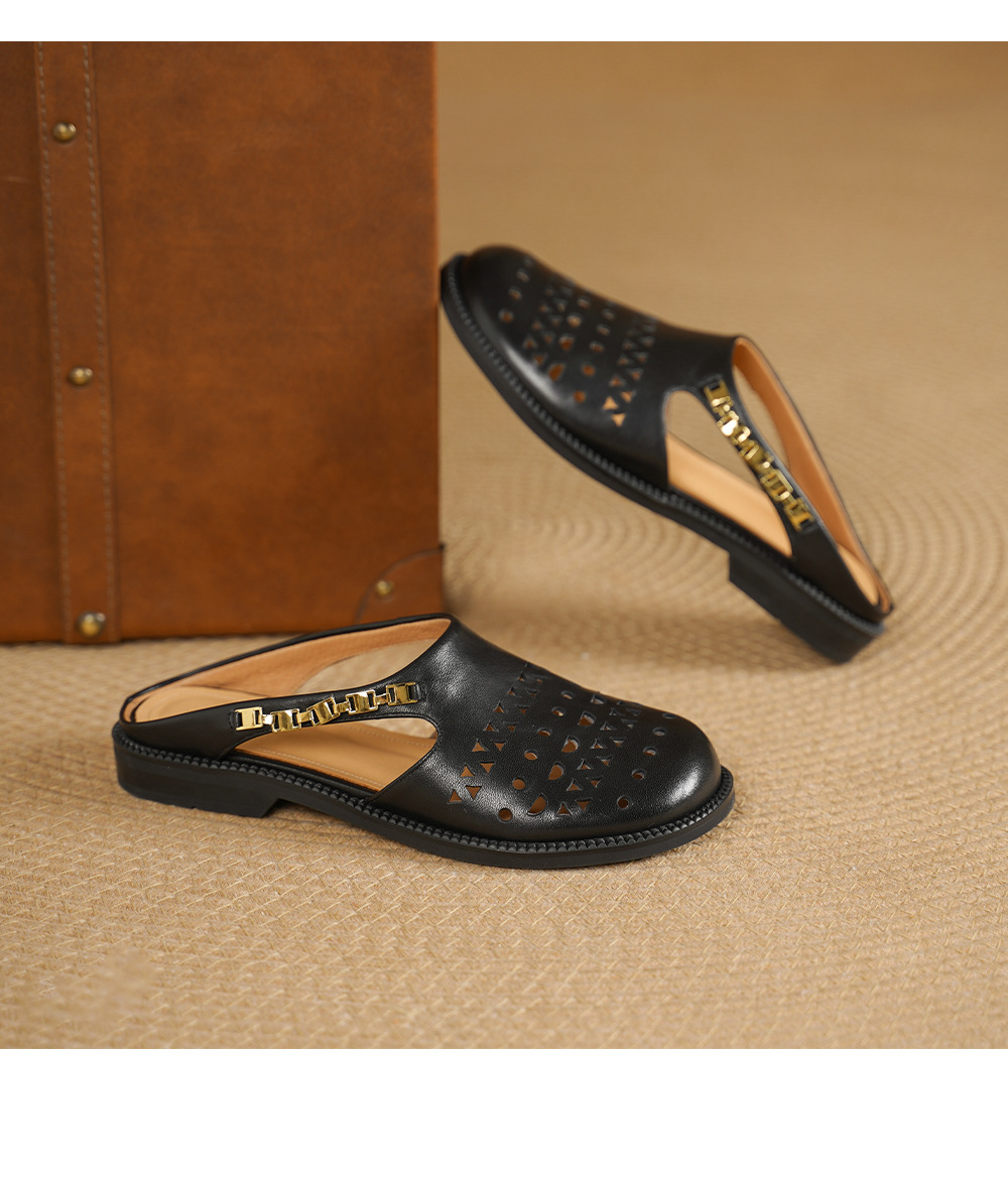 Dép sandal nữ da bò mũi trùm đế bệt kiểu lỗ thoáng khí — đen chi tiết 15