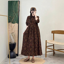 文艺款棉麻连衣裙2025秋季款翻领长袖碎花裙抽绳收腰女式印花长裙
