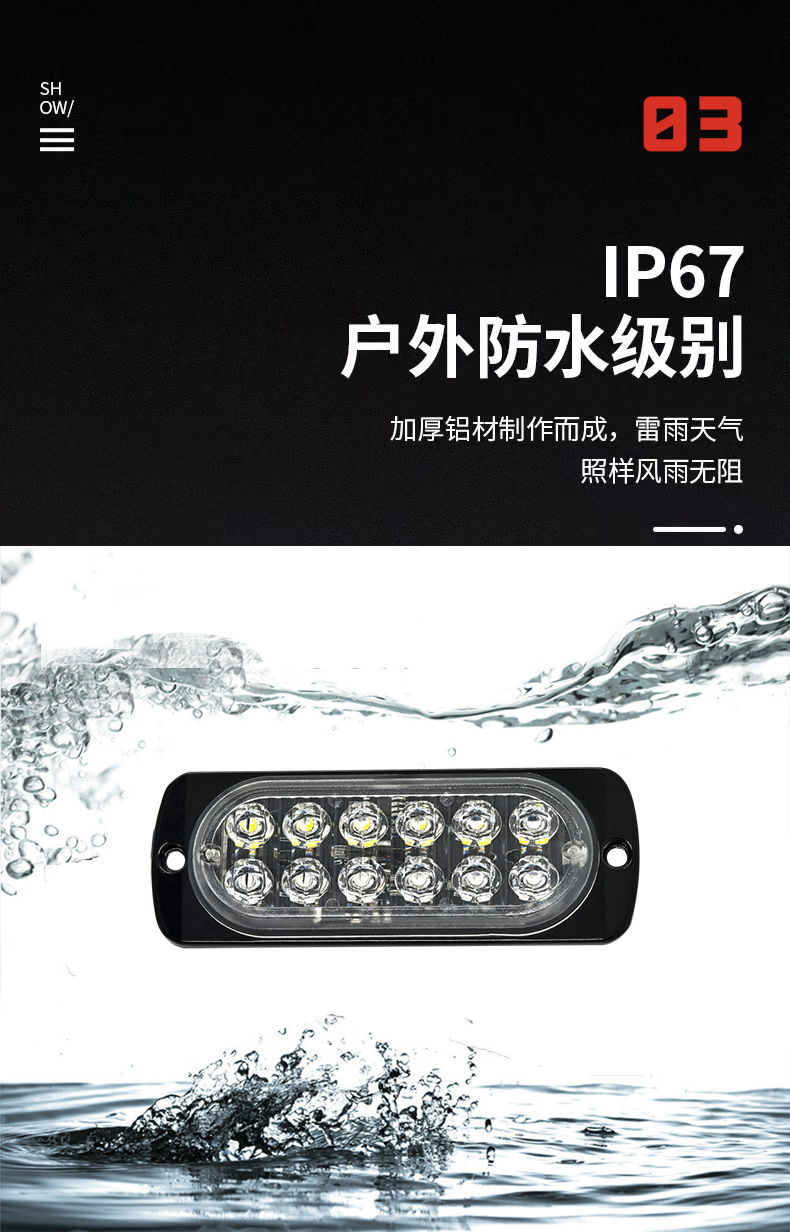 Truck Van 12-24V Car Ultra-Thin Side Signal Warning Light 12Led Strobe Light Flash Light Modification 36W