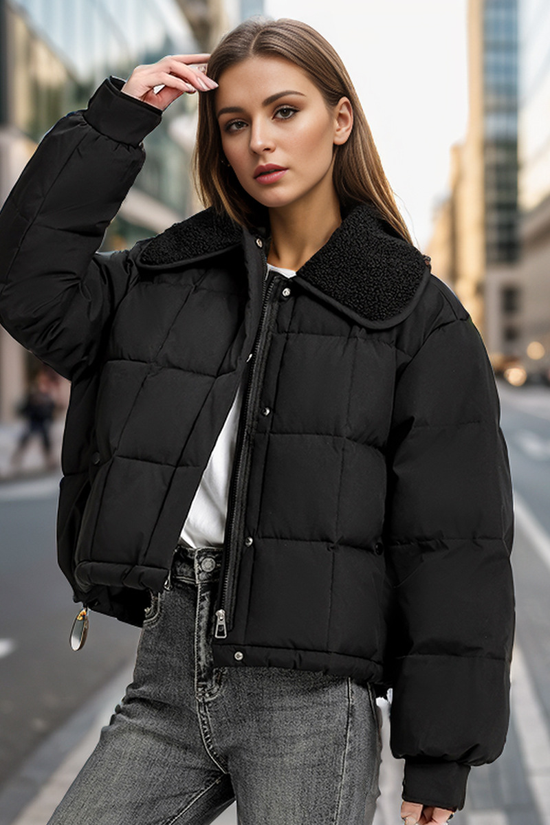Chaqueta corta de algodón con cuello grande de lana de cordero para mujer en invierno, versión coreana, abrigo marrón suelto y grueso, de moda_voghion.com