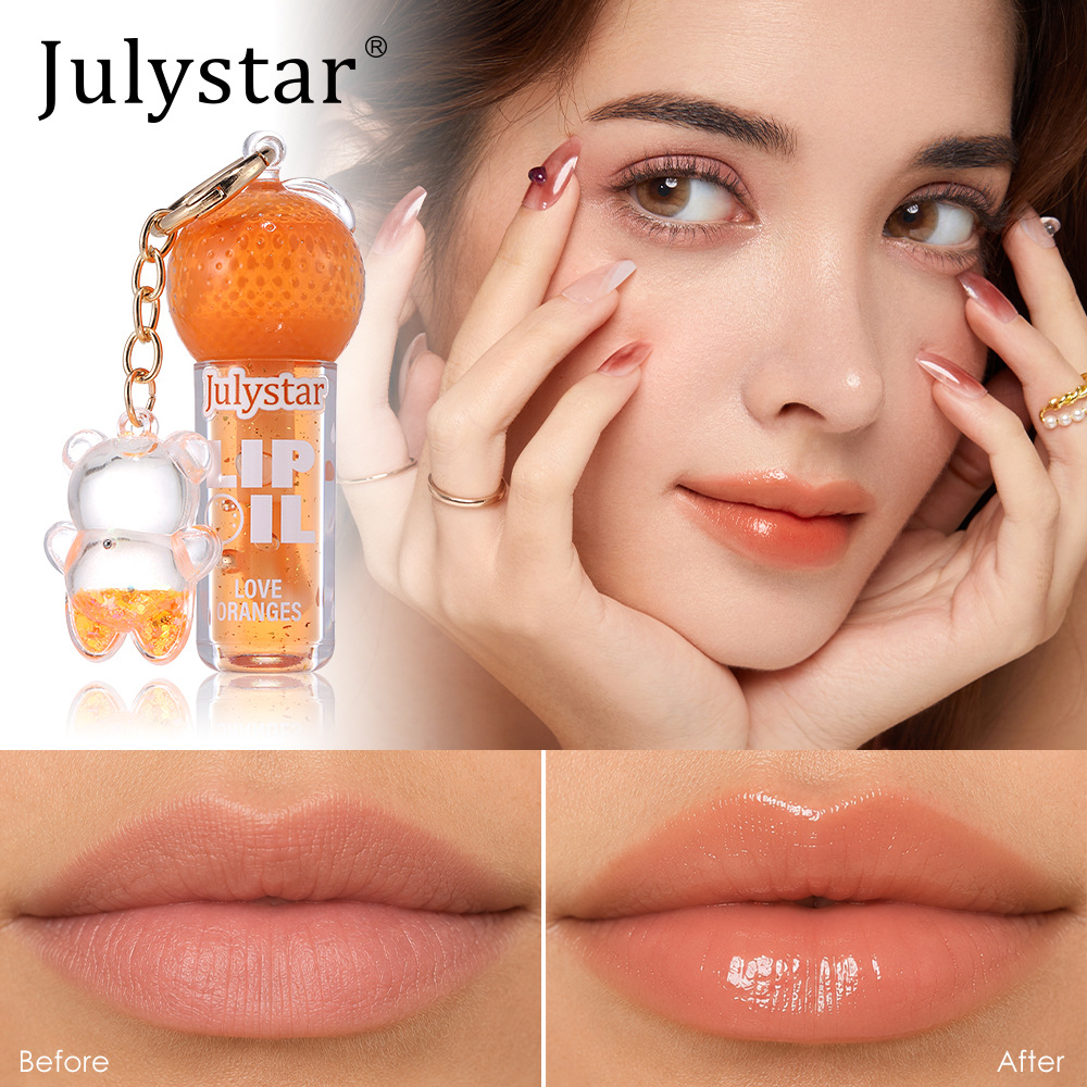 Cross-Border New Product: Orange-Shaped Fruit-Flavored Lip Oil, Long-Lasting Moisturizing and Hydrating, Cute Bear Pendant, Foreign Trade Wholesale in Stock