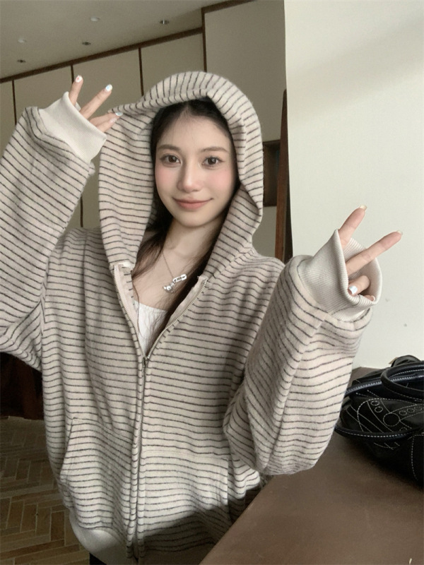 实拍 秋季美式复古慵懒风宽松条纹开衫连帽卫衣女长袖外套潮88239|undefined
