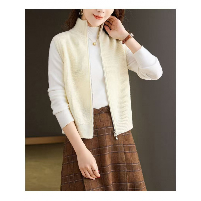 Collar vertical chaleco de punto de mujer otoño invierno 2025 nuevo chaleco de doble cremallera con la solapa suéter cardigan chaqueta de moda