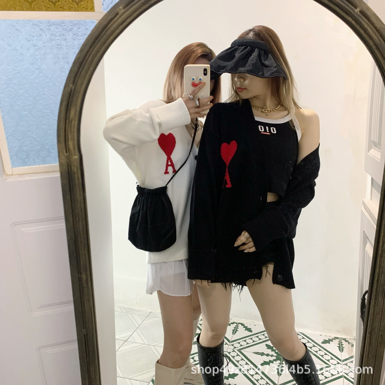 2023s韩国潮牌Aml爱心字母刺绣经典款男女情侣装宽松简约开衫毛衣