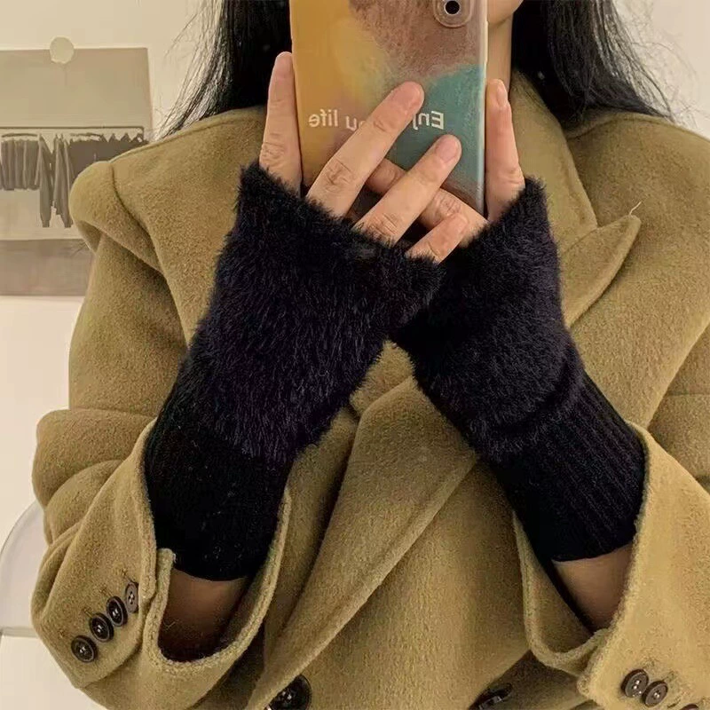 Demi-season knitted keep warm fleece gloves, internet celebrity, fingerless, wholesale
