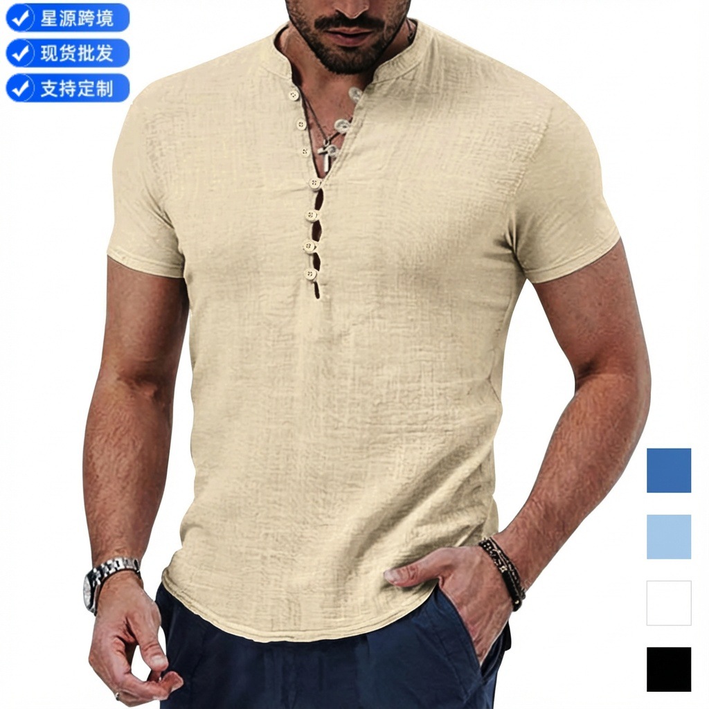 2024 Cross-border Amazon Wish eBay New Men's Retro Cotton Linen Casual Henley Collar Short-sleeved Shirt