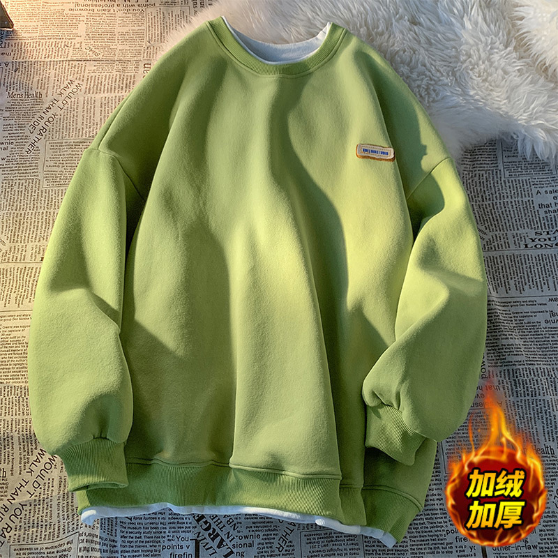 Fleece-lined thickened sweater men's and women's Hong Kong style autumn and winter top new oversize fake two-piece coat top couple wear Fleece-lined thickened sweater men's and women's Hong Kong style autumn and winter top new oversize fake two-piece coat top couple wear
