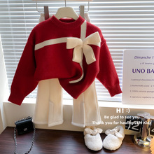 儿童新年毛衣2025秋冬新款女童洋气小香风大蝴蝶结礼物针织衫外套