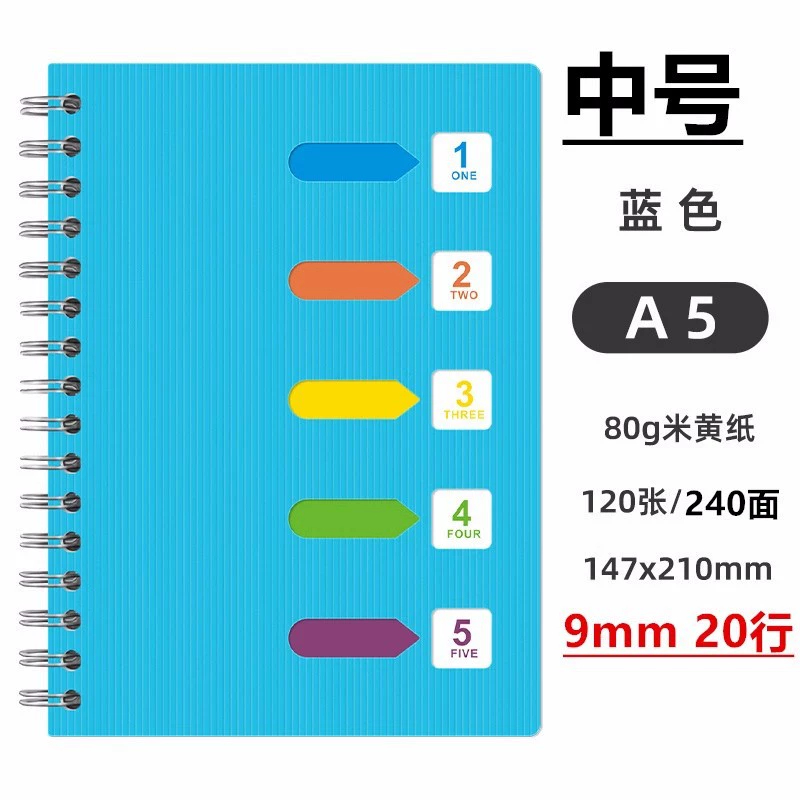 Spiral Sectioned Student Notebook, Korean Style, A5/B5 with Colored Tab Dividers
