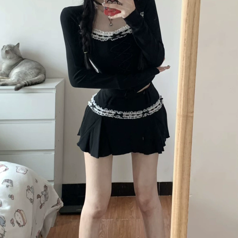 Милый пояс, весенний длинный рукав, плисированная юбка, комплект