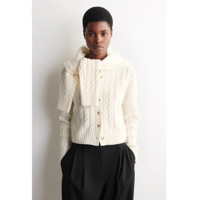 Cos Style Women's Clothing Mall Same Style Standard Version Cable Knit Cardigan Ivory Color 2026 Spring New Sweater for Women