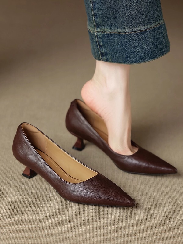 French Retro Pointed-Toe Shoes for Women, Soft Leather, Thin Heels, Versatile, Shallow-Cut High-Heeled Shoes, Red Shoes
