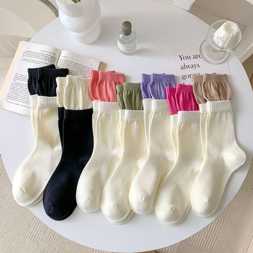 Double-layer socks women's mid-calf socks cotton socks patchwork color-matching faux double pairs mid-high socks autumn/winter double cuffs long socks spring/summer