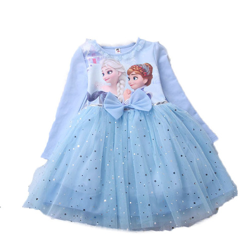 Frozen Princess Dress Girls Elsa Long Sleeve Baby Cotton Autumn Clothes Children's Puffy Gauze Skirt Birthday Dress Trendy