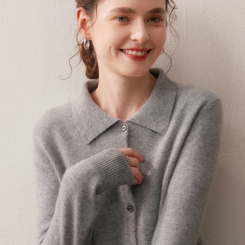 2025 New Autumn and Winter Women's Polo Collar Cashmere Cardigan Sweater Pure Color Loose Knitted Long-Sleeved Jacket Cardigan