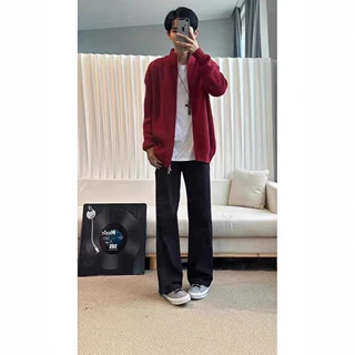 【北极绒】酒红色立领拉链毛衣男士秋冬保暖针织开衫夹克情侣外套