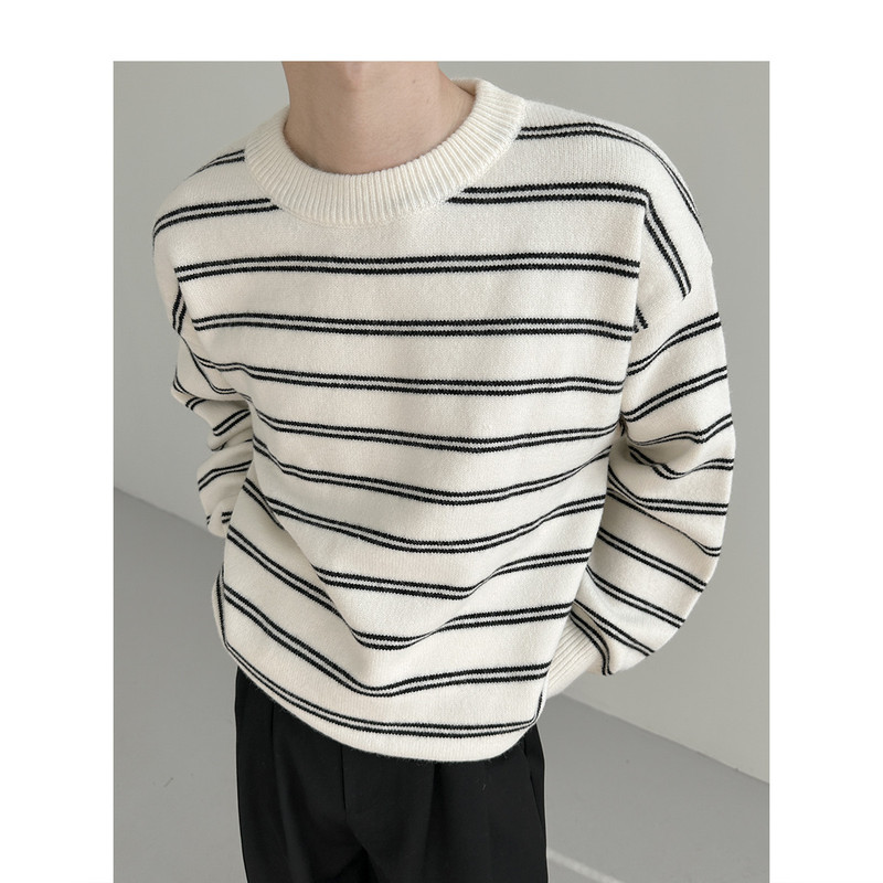 Korean Style Basic All-match Striped Sweater Boys Loose Crewneck Sweater Casual All-match Trendy Instagram Top Trendy