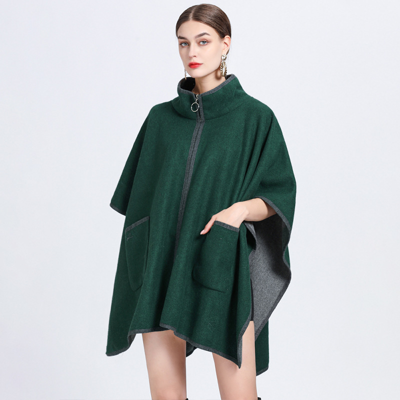 Stand collar pocket zipper cape cape large size knitted cardigan sweater coat woman_voghion.com
