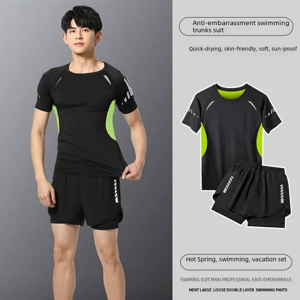 Men's Swimwear Set 2026 New Style Double-Layer Anti-Embarrassment Swim Trunks Quick-Dry Beach Shorts Loose Swimwear for Hot Springs