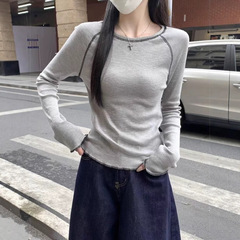 明线设计打底衫女春秋季圆领插肩反线设计感长袖内搭T恤打底上衣