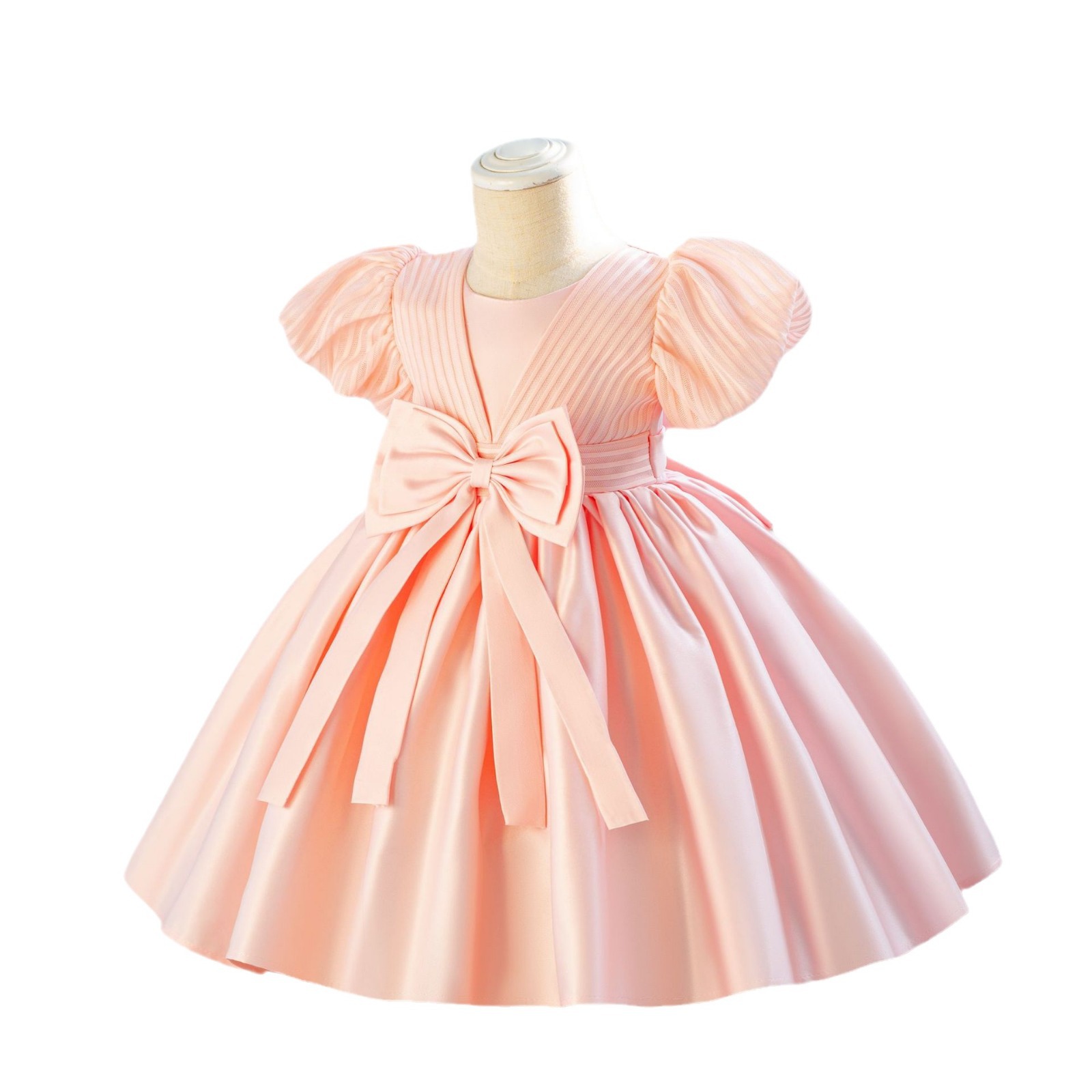 Robe d'anniversaire pour enfant Robe d'anniversaire pour enfant Robe de princesse de première année à rayures en satin avec nœud_voghion.com