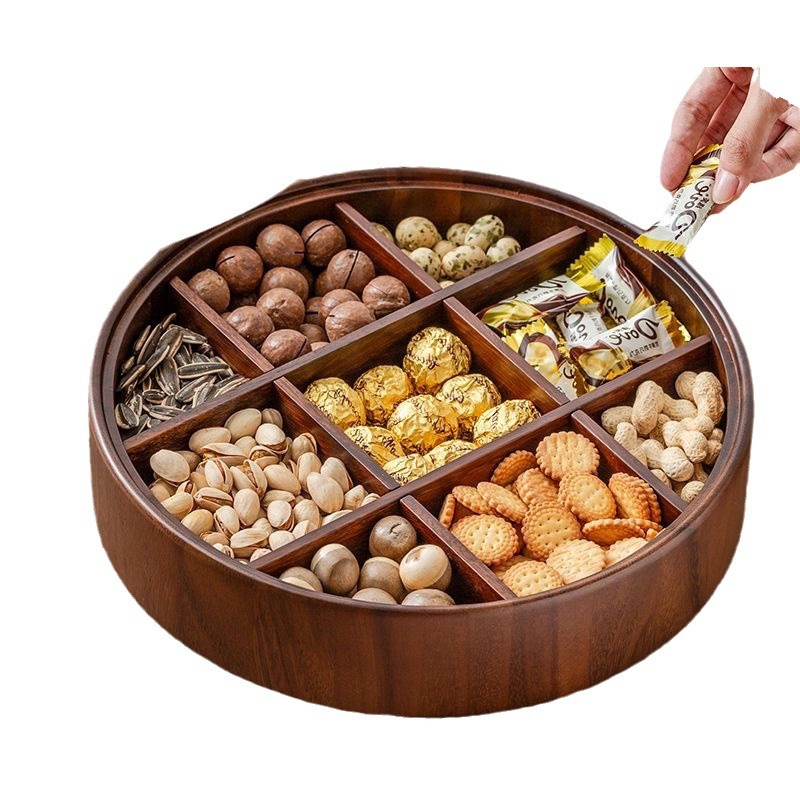 Caja de frutas de madera con nueve compartimentos y tapa de acrílico, caja para refrigerios, bandeja de madera maciza dividida para dulces y frutos secos, estilo ligero y lujoso.