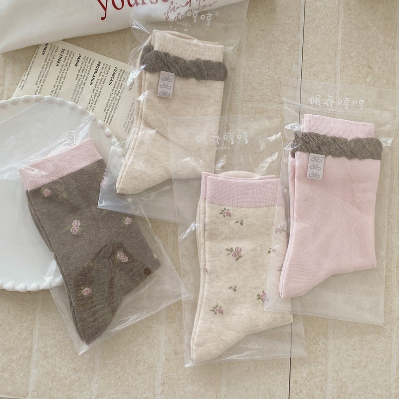 Spring and Summer Versatile New Arrivals, Autumn Vibes, Small Floral Seamless Slouch Socks with Bubble Cuffs, Fabric Label, Bow Socks, Pure Cotton for Women Spring and Summer Versatile New Arrivals, Autumn Vibes, Small Floral Seamless Slouch Socks with Bubble Cuffs, Fabric Label, Bow Socks, Pure Cotton for Women