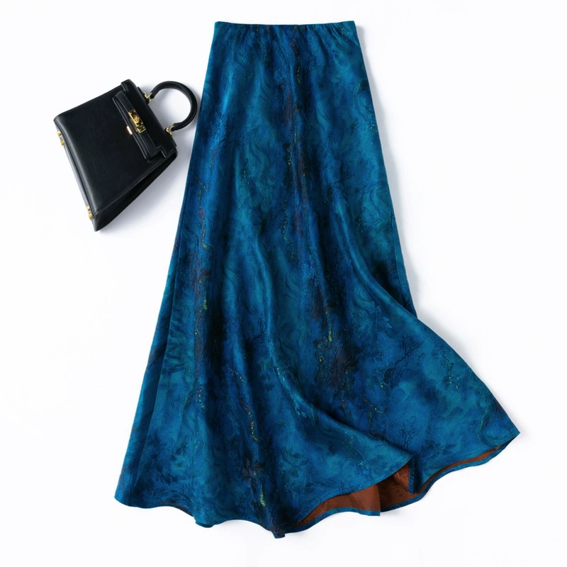 2025真丝花罗香云纱鱼尾裙！加长斜裁修身桑蚕丝蓝色礼服半身裙女