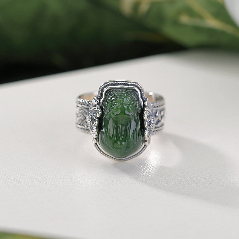 Nhẫn bạc S925 đính ngọc Hetian Jasper hình Pixiu phong cách Trung Hoa retro, hoa sen mở điều chỉnh — một mảnh
