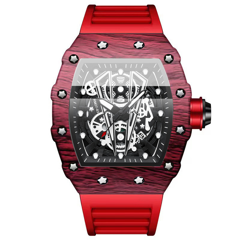 Reloj de Cuarzo Deportivo Tipo Tonel para Hombre de Silicona y Metal Diseño Calado, Impermeable 30m, Luminoso para Uso Deportivo y Casual