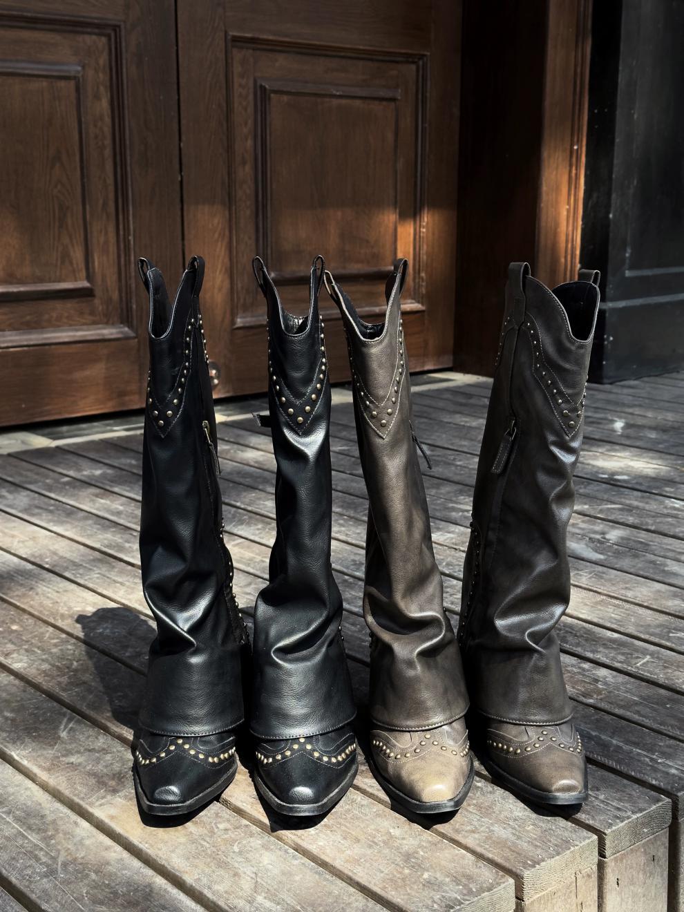 2025 Spring and Autumn Season New Pointed Rivet Trouser Sleeve Show Slim Western Cowboy Boots Thick Heel Side Zipper_voghion.com