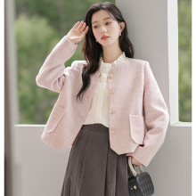 秋冬新款粉色圆领小香风短外套女设计感气质小西装上衣LD包邮代发