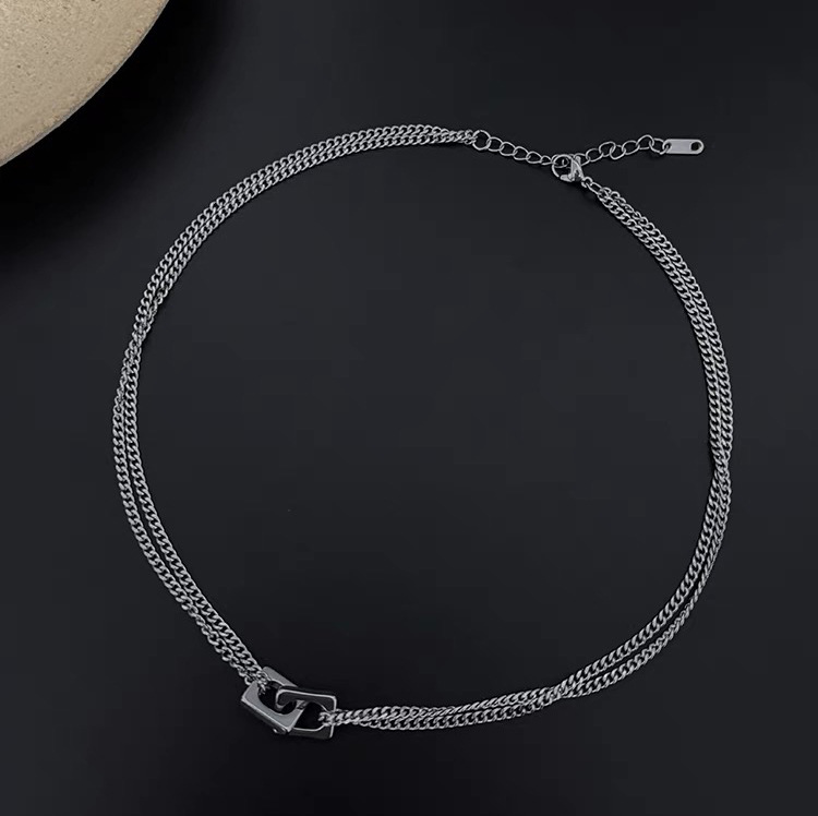Tan Jianci's Same Style Minimalist Interlocking Double-Layer Necklace for Men and Women, Clavicle Chain, Men's Tan Jianci Titanium Steel Necklace
