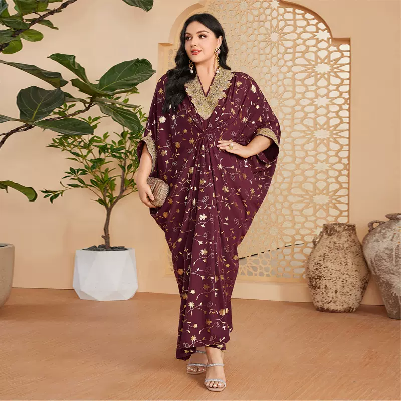 KY1030亚马逊跨境中东长裙时尚V领烫金穆斯林连衣裙宴会宽松礼服