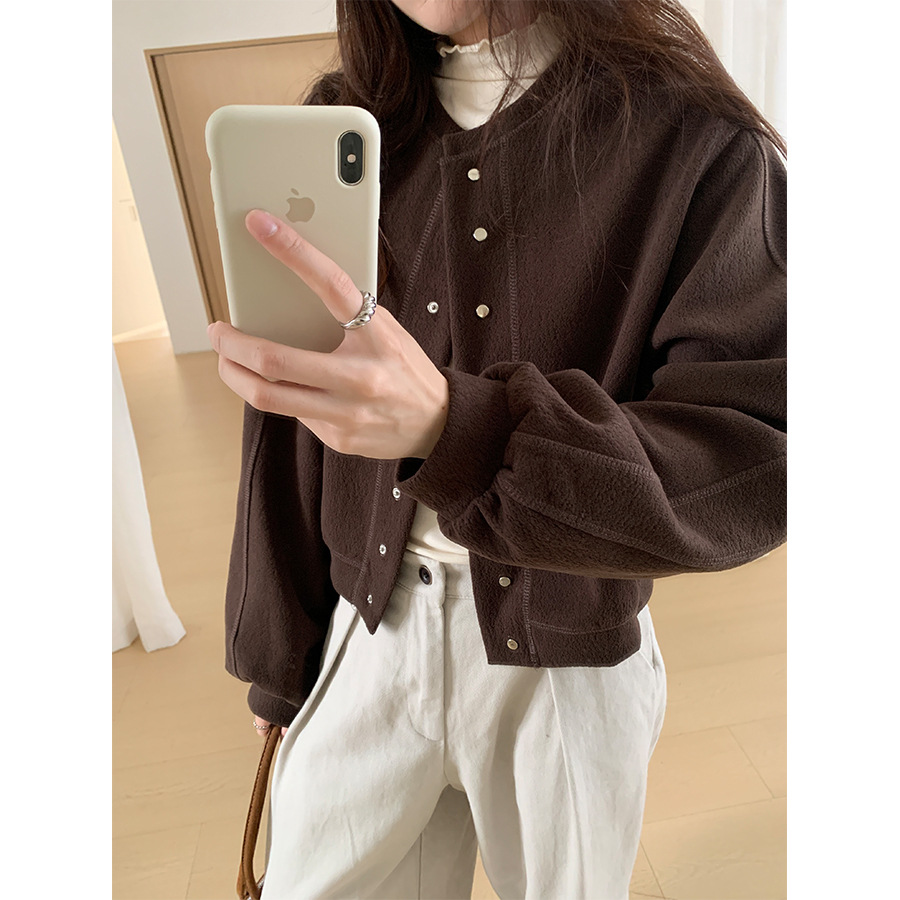 黄峥韩系叠穿圆领棒球服外套女秋冬宽松休闲小个子开衫上衣541047