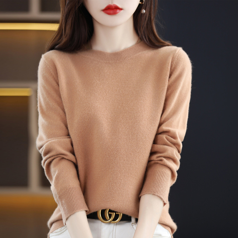 Otoño e Invierno 100% suéter de lana pura de las mujeres de cuello redondo Jersey corto de lana de manga larga suéter recto suéter a juego ropa exterior