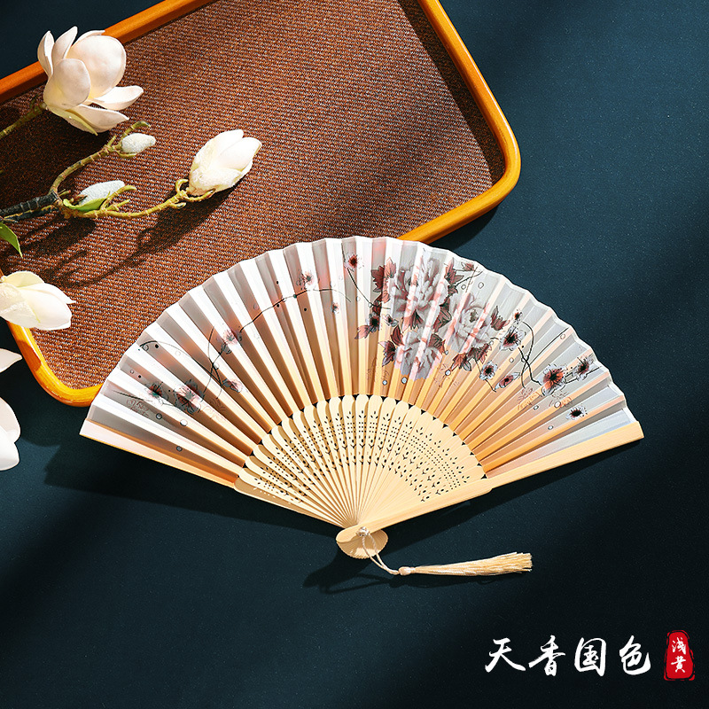 Ventilador plegable de verano, estilo chino, Hanfu, cheongsam, baile para niños, ventilador de estilo antiguo, ventilador de bambú plegable portátil